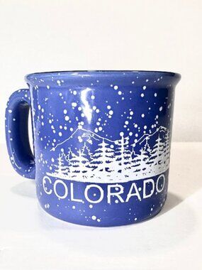 Ceramic Colorado Souvenir Coffee Mug Speckled Pine Trees Mountain Blue & White